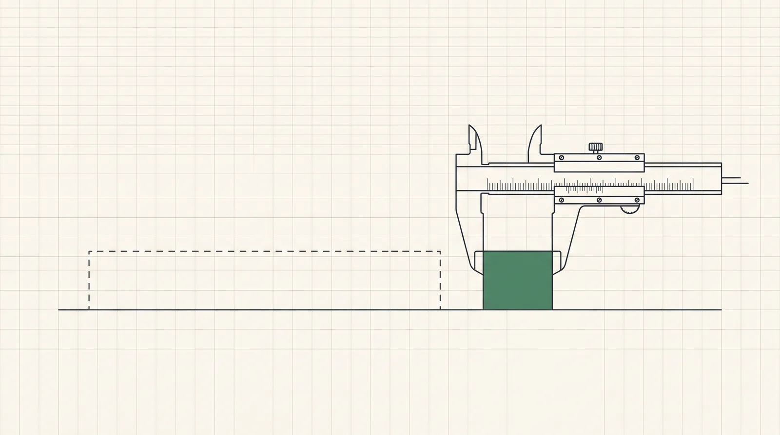 Ink calipers measure a short solid green bar against a much longer dashed outline on graph paper.