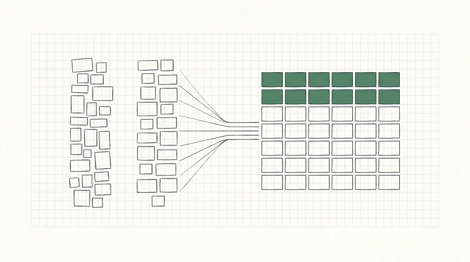 Two ragged columns of mismatched record shapes converge through a funnel into one aligned grid, its top two rows filled green.