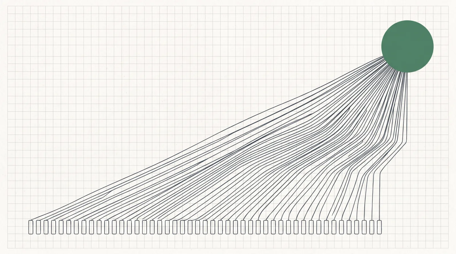 A single solid green circle with fine ink threads running unbroken back to a row of source documents.