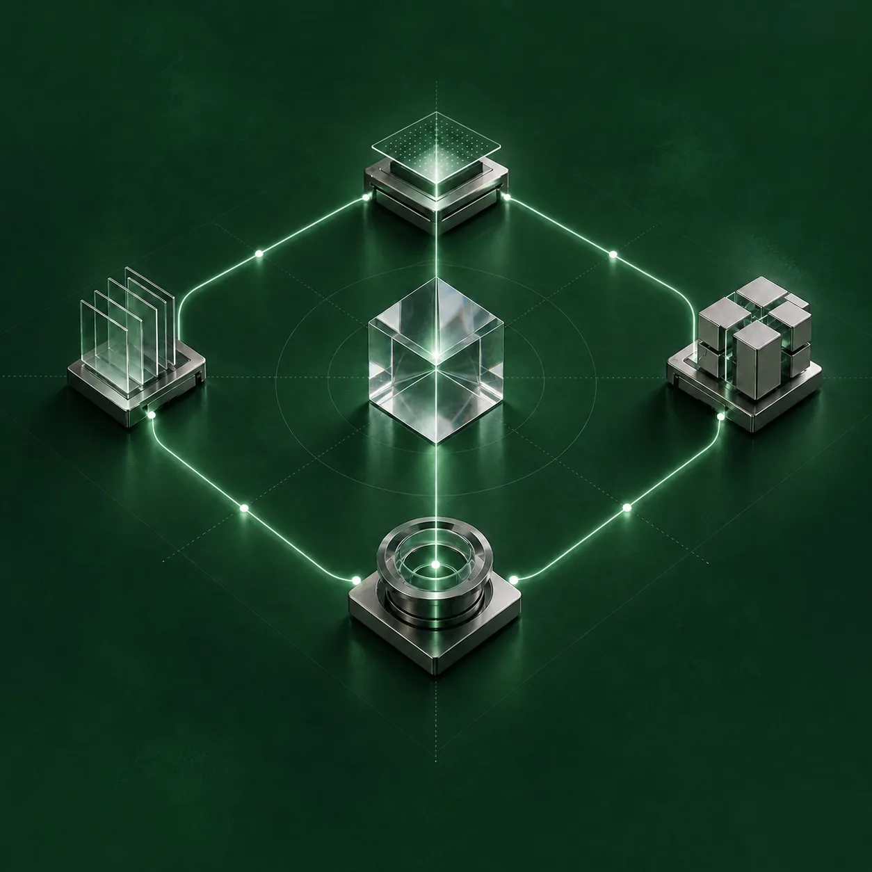 Four precision modules linked by a mint optical path around a glass core